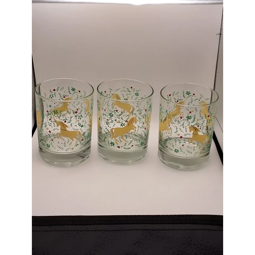 Vintage Unicorn Rocks Glasses Set of 3 Gold Floral Lowball Whiskey Tumblers